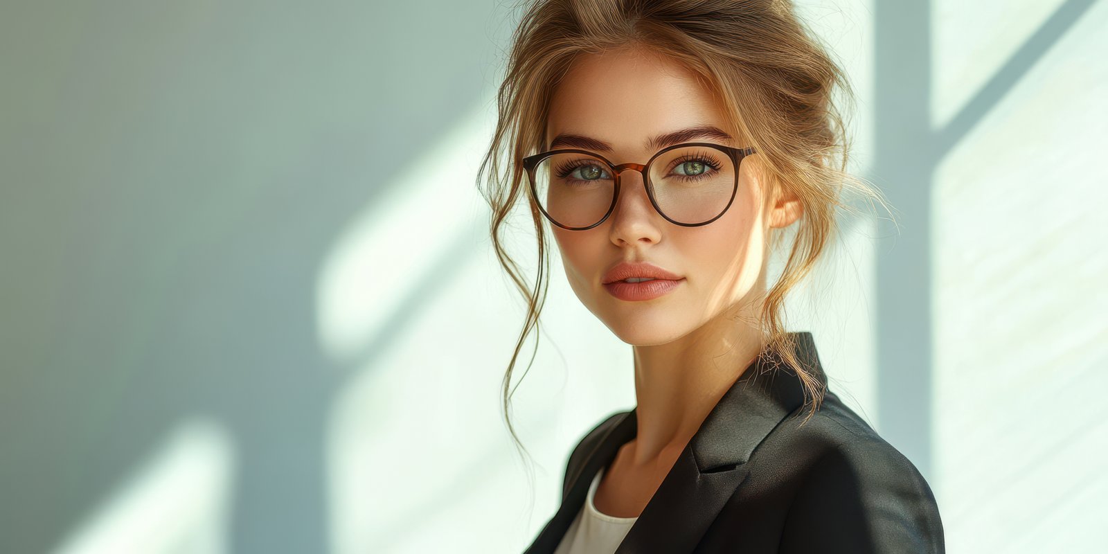 Young woman in glasses posing confidently in a well-lit, modern interior with soft shadows in the morning light
